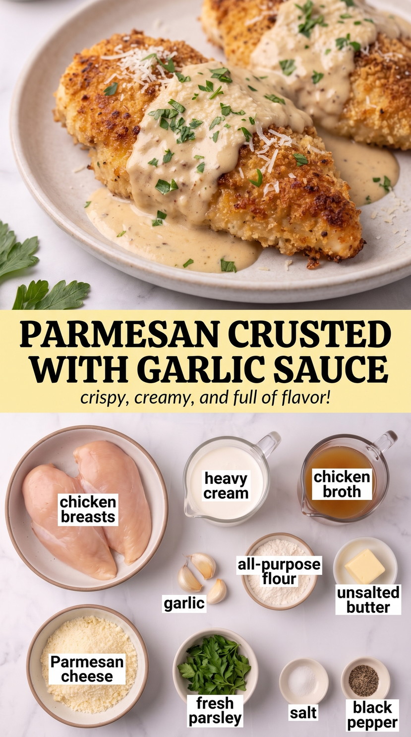 Parmesan Crusted Chicken With Garlic Sauce - golden Parmesan-crusted chicken with a crisp cheesy coating