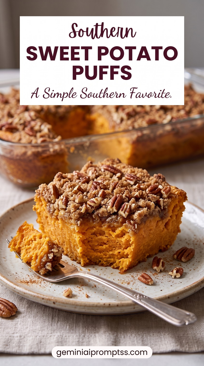 Sweet potato puffs recipe showing a softly puffed sweet potato casserole with a crisp pecan streusel that matches the image