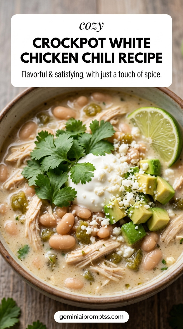 Crockpot White Chicken Chili Recipe showing creamy white chicken chili with white beans, corn, green chiles, avocado, sour cream, crumbly cheese, cilantro, and lime