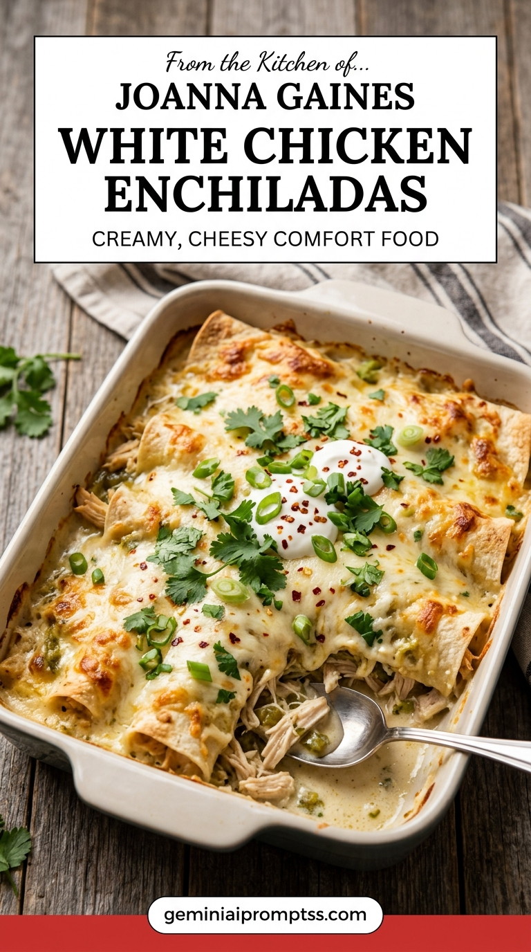 Joanna Gaines White Chicken Enchiladas finished dish with shredded chicken, melted cheese