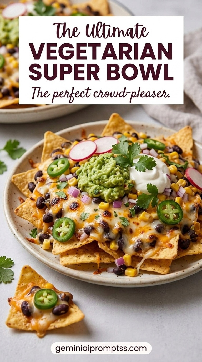 Vegetarian Super Bowl Party Food showing nachos with melted cheese, black beans, corn, peppers, olives, jalapeño, guacamole, sour cream, tomato, and cilantro