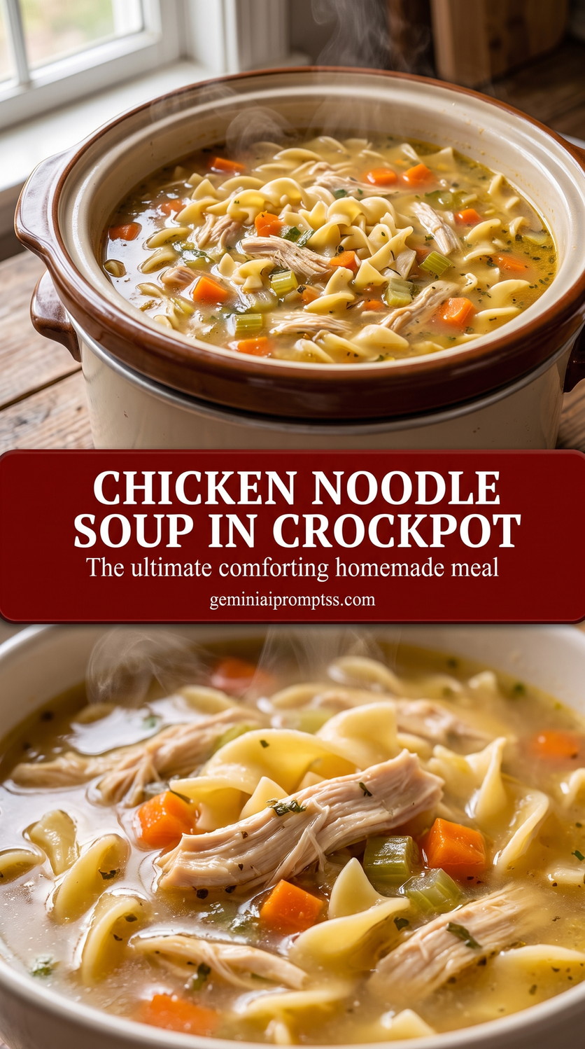 Chicken noodle soup in crockpot showing a comforting chicken noodle soup with tender vegetables and noodles