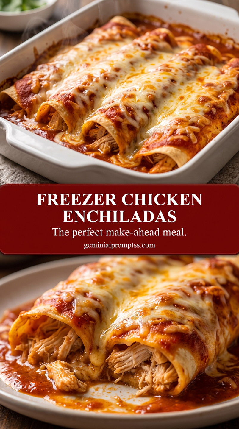 freezer-friendly chicken enchiladas with chicken, tortillas, red sauce, and cheese prepared for a freezer-to-oven meal