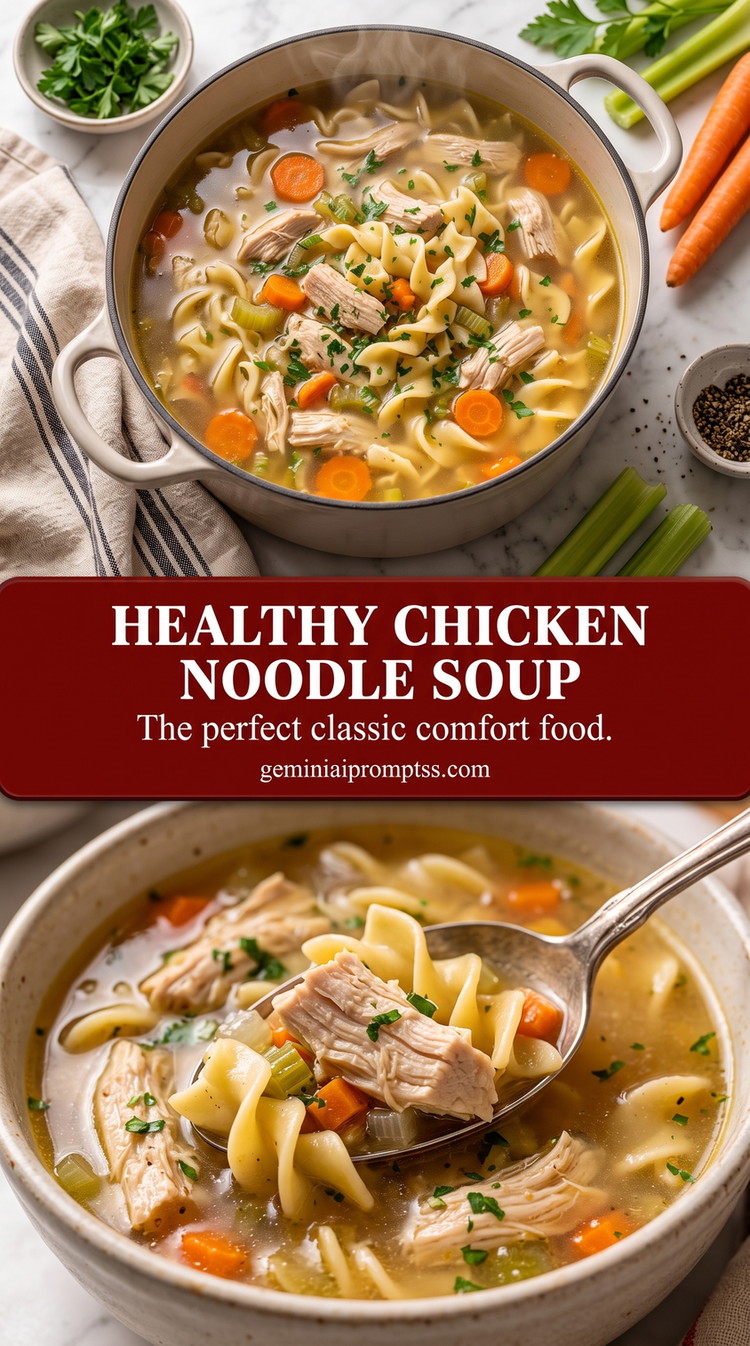 Healthy Chicken Noodle Soup with tender chicken, noodles, carrots, celery, clear golden broth, and a light herb finish