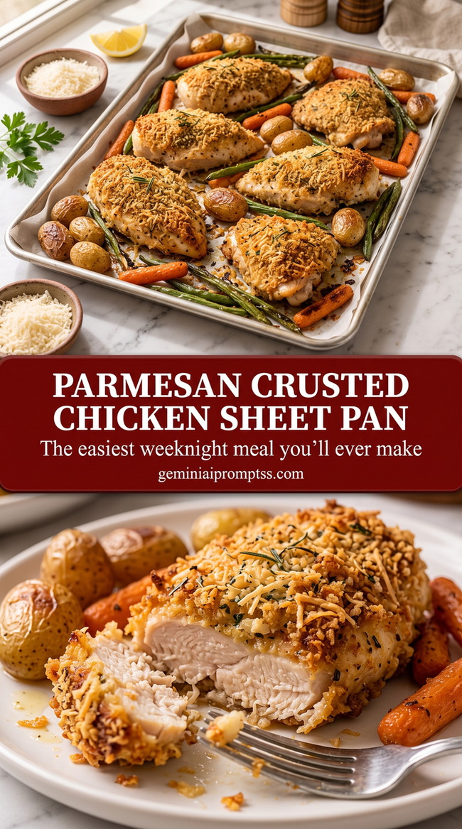 Parmesan-Crusted Chicken and Vegetable Sheet Pan finished dish with parmesan-crusted chicken and vegetable sheet pan