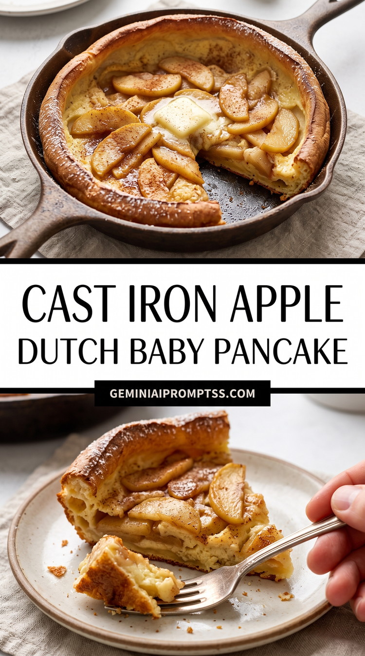 Cast Iron Apple Dutch Baby Pancake showing cast-iron Dutch baby with a generous built-in layer of caramelized apple slices