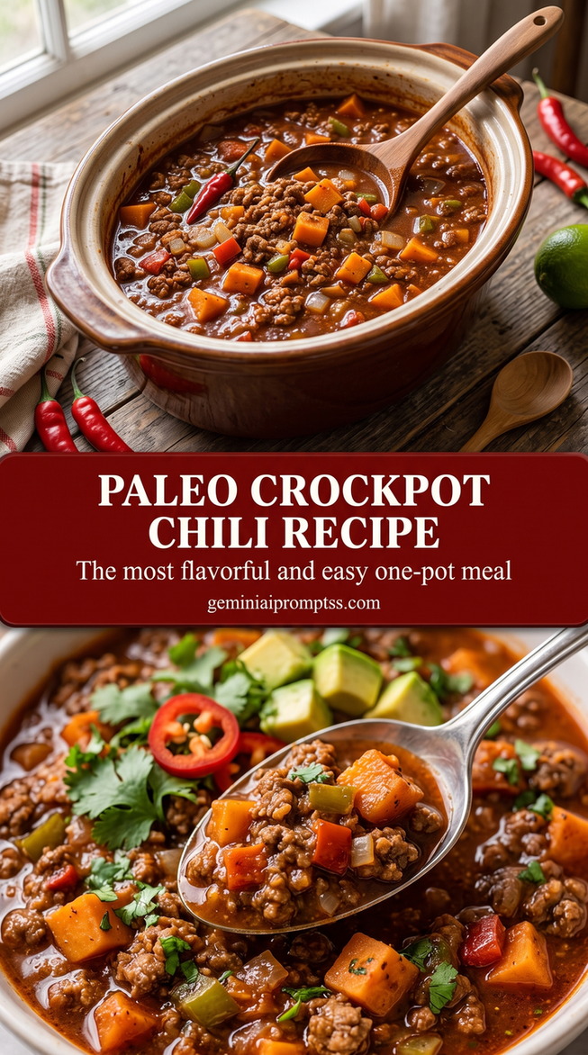 paleo crockpot chili recipe with a bean-free paleo chili with ground meat, sweet potato, peppers, tomato, avocado, cilantro, and fresh chile
