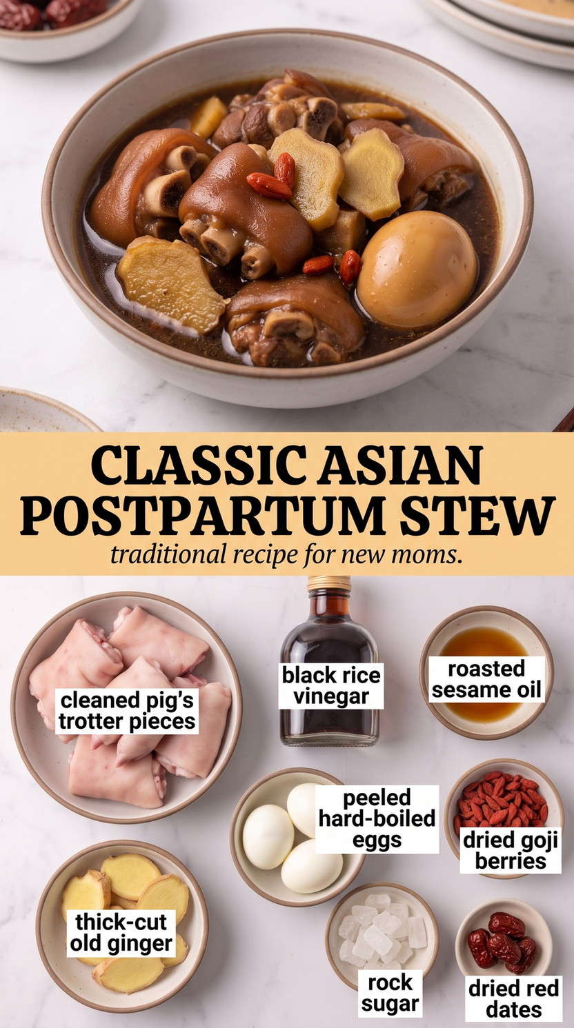 Asian Postpartum Recipes showing a glossy Asian-style pork trotter stew with eggs, ginger and dark vinegar