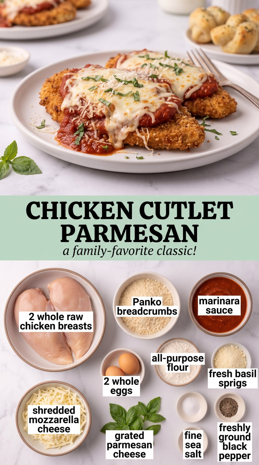 Chicken Cutlet Parmesan prepared as a finished chicken cutlet parmesan recipe recipe with browned cutlets ready to serve