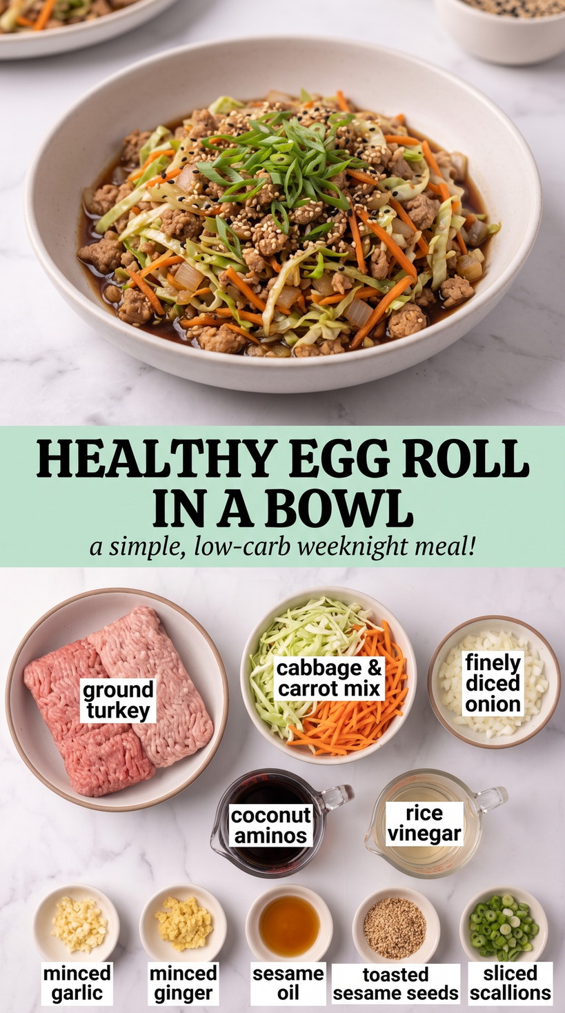 Healthy Egg Roll in a Bowl showing lean ground turkey with shredded cabbage, carrots, onion, garlic, ginger, scallions, sesame, and a savory sesame-soy coating