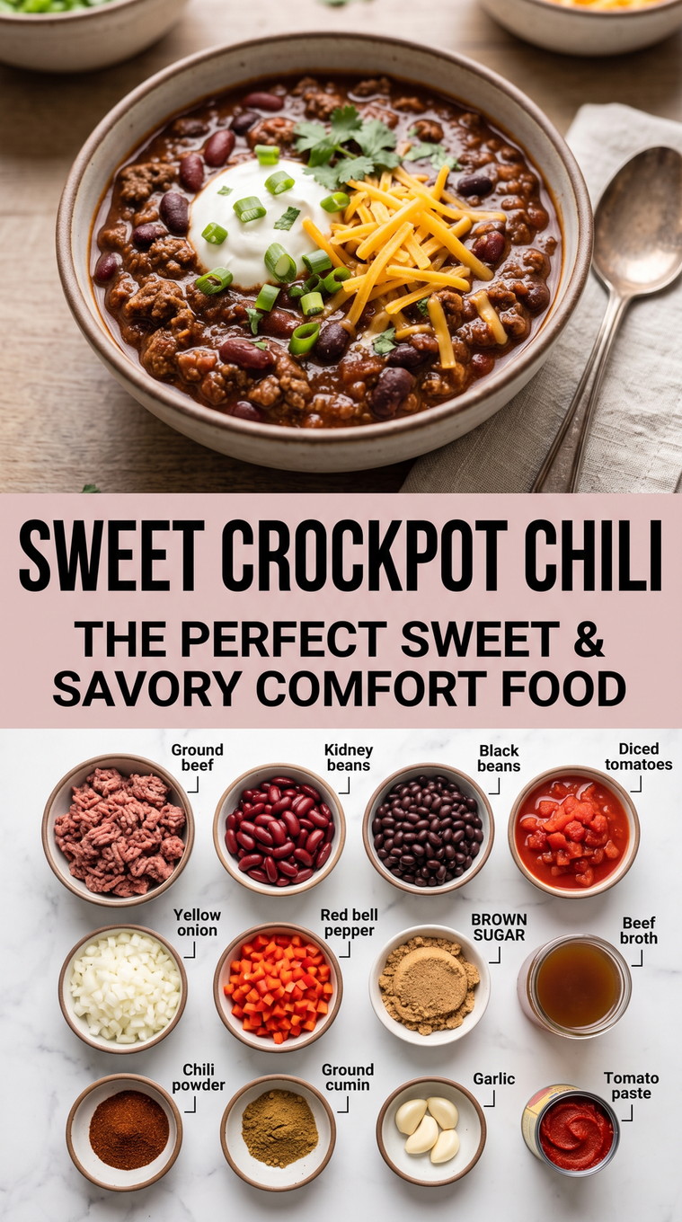 Sweet Crockpot Chili Recipe with sweet and savory chili with beef, kidney beans, black beans, tomatoes, red pepper, and brown sugar