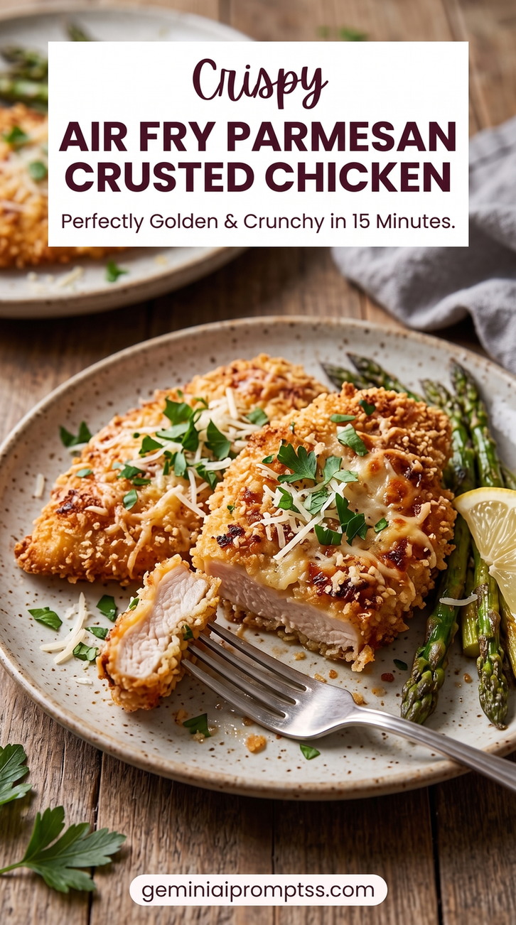 Air Fry Parmesan Crusted Chicken with golden Parmesan-crusted chicken with a crisp, textured top, a fresh green herb garnish, and a simple vegetable side
