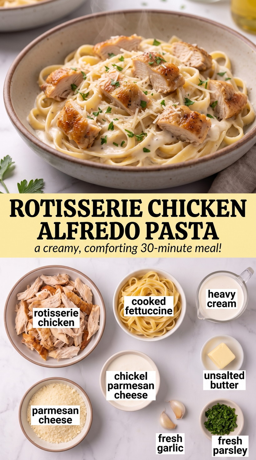 Rotisserie chicken alfredo pasta showing creamy pasta coated in Parmesan sauce with tender chicken