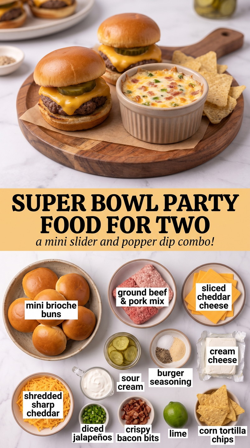 Super Bowl Party Food for Two with a two-person game-day spread of mini cheeseburger sliders and creamy jalapeño-cheddar bacon dip with tortilla chips