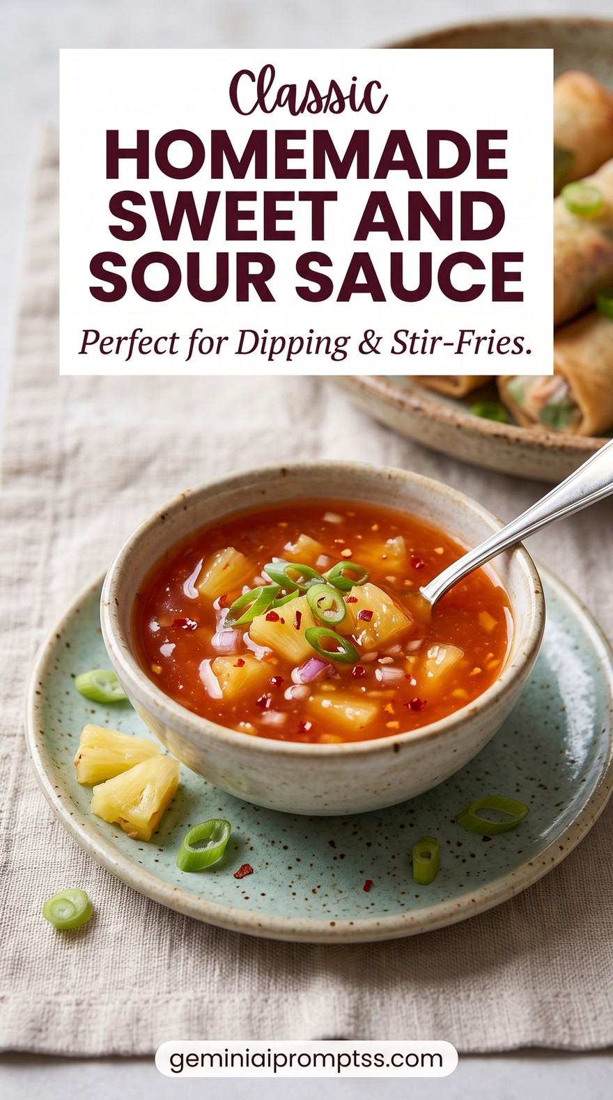 Homemade sweet and sour sauce showing a homemade dipping sauce with pineapple pieces, scallions, and a light chili finish