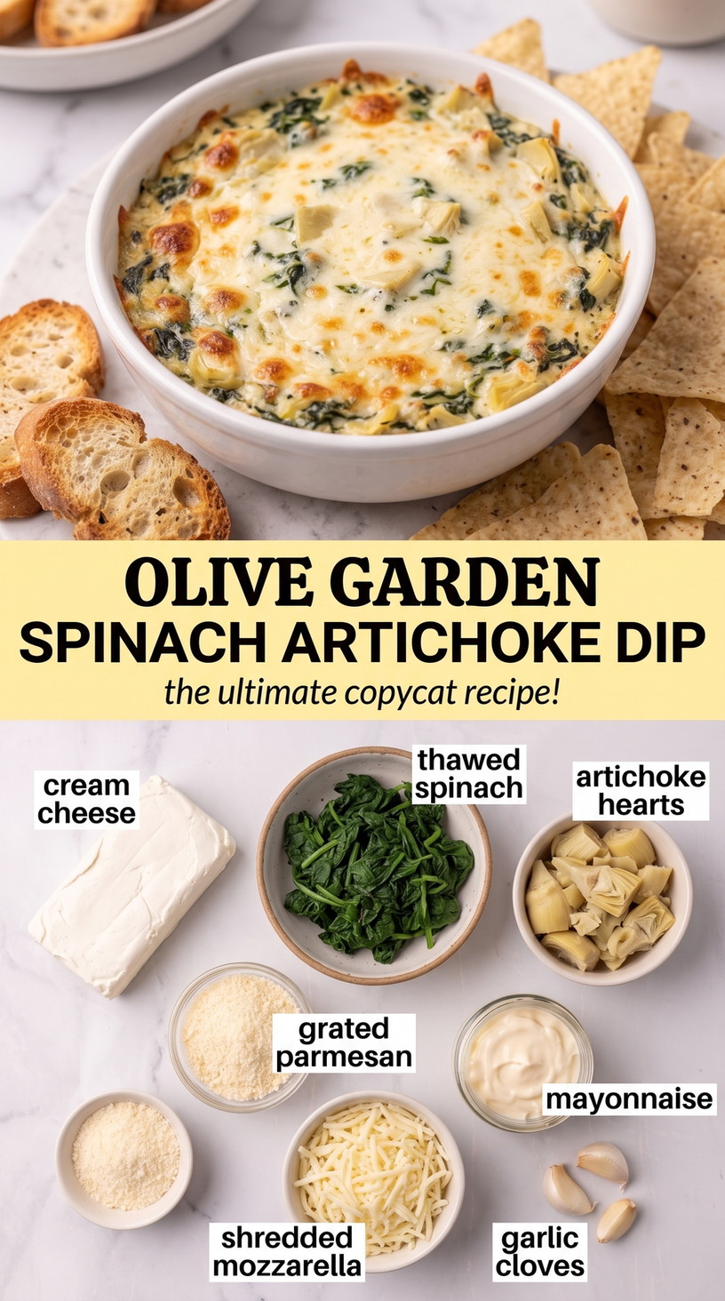 Olive Garden spinach artichoke dip finished dish made with cream cheese, thawed spinach, and artichoke hearts