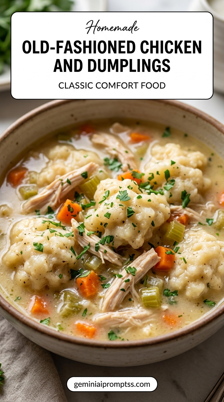 Old-Fashioned Chicken and Dumplings showing old-fashioned chicken and dumplings with shredded chicken, carrots, celery, and rustic dumplings in a light creamy-looking broth