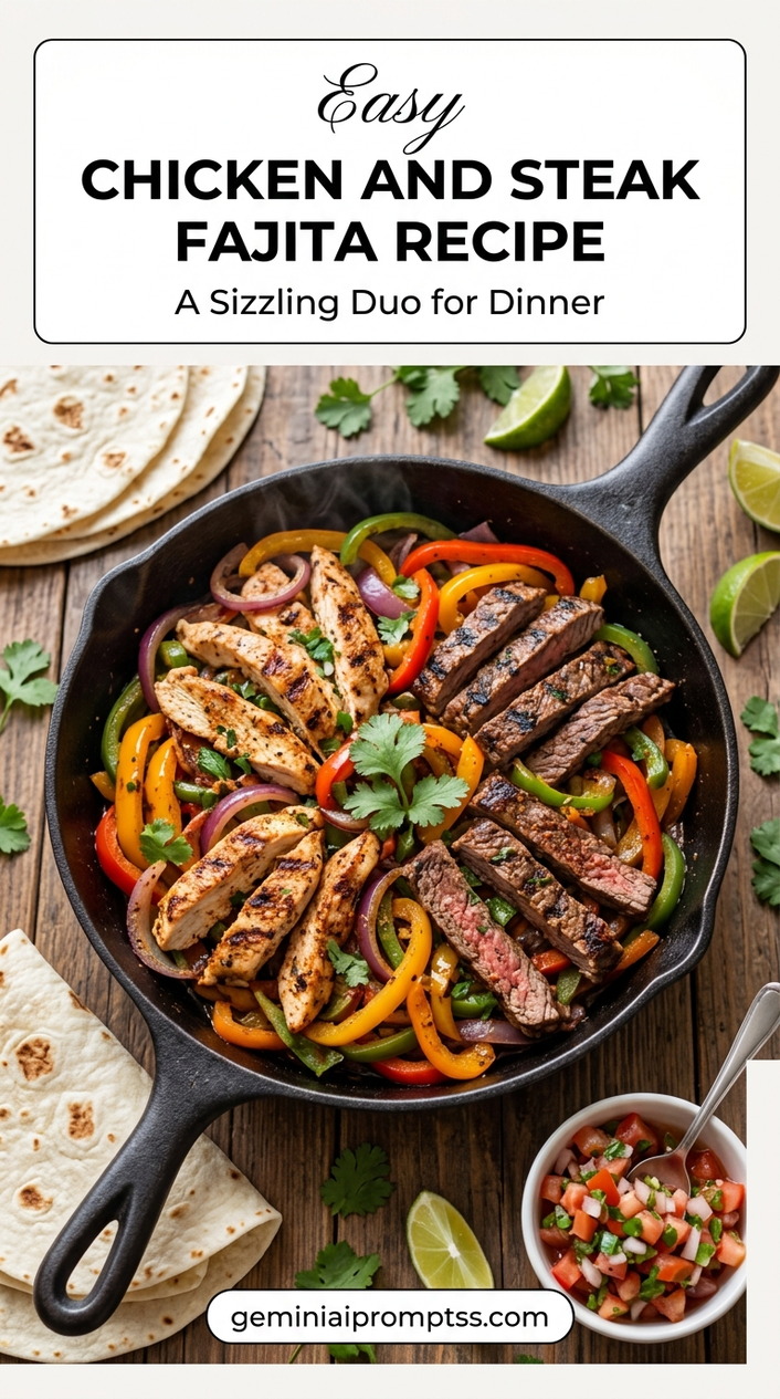 Chicken and Steak Fajita Recipe finished dish with bell peppers, onion