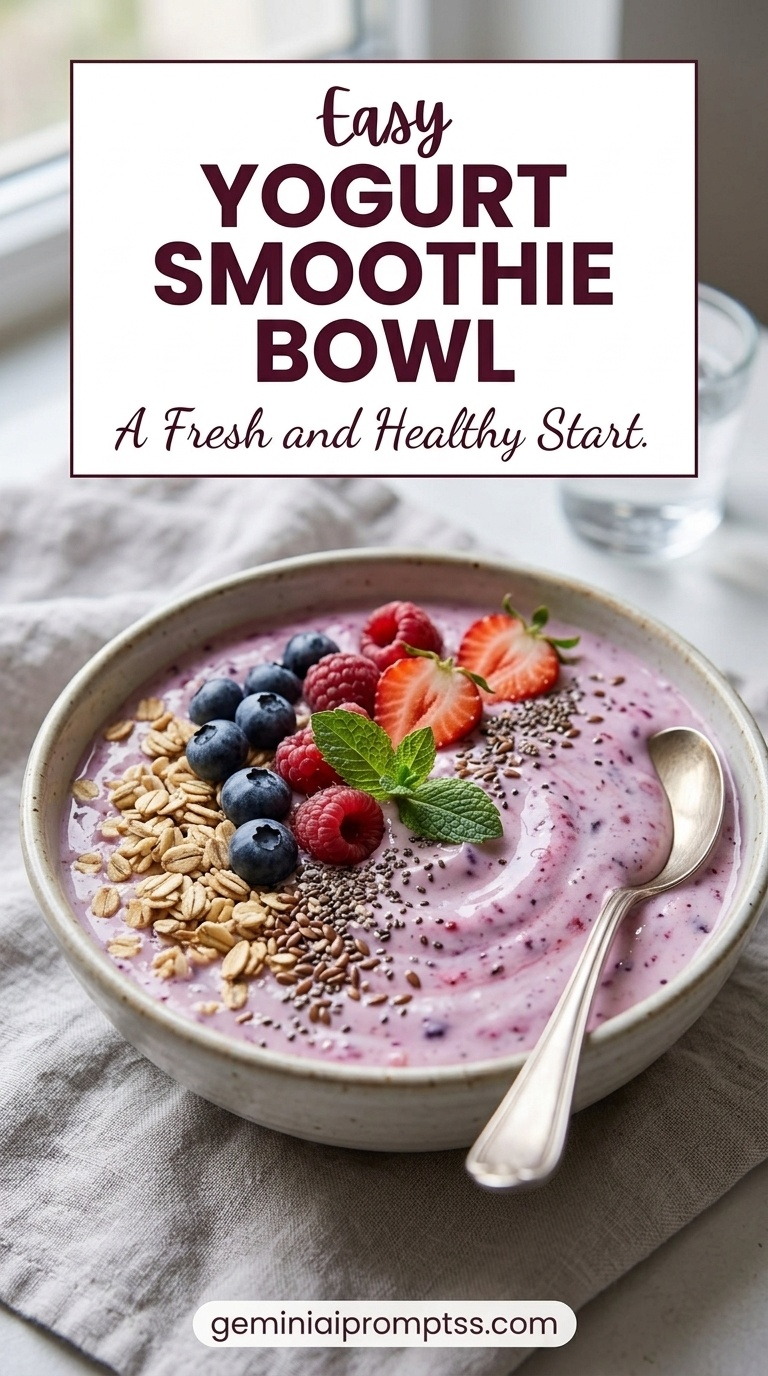 Yogurt Smoothie Bowl showing a thick berry yogurt smoothie bowl with fresh berries, oats, chia, and mint