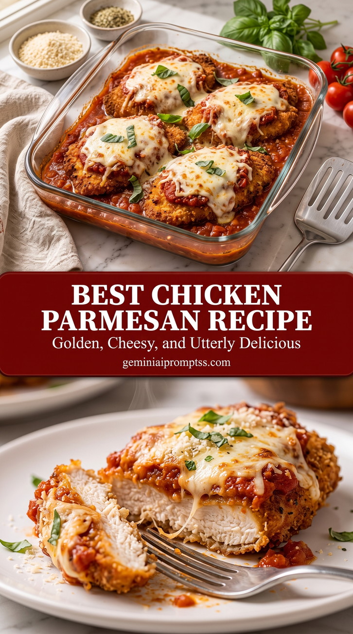 Best Chicken Parmesan Recipe with golden Parmesan-crusted chicken with a crisp crumb surface and a tender white center under red sauce and melted cheese