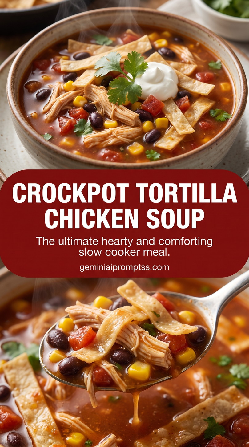Crockpot tortilla chicken soup showing a hearty chicken tortilla soup with colorful toppings and crisp strips