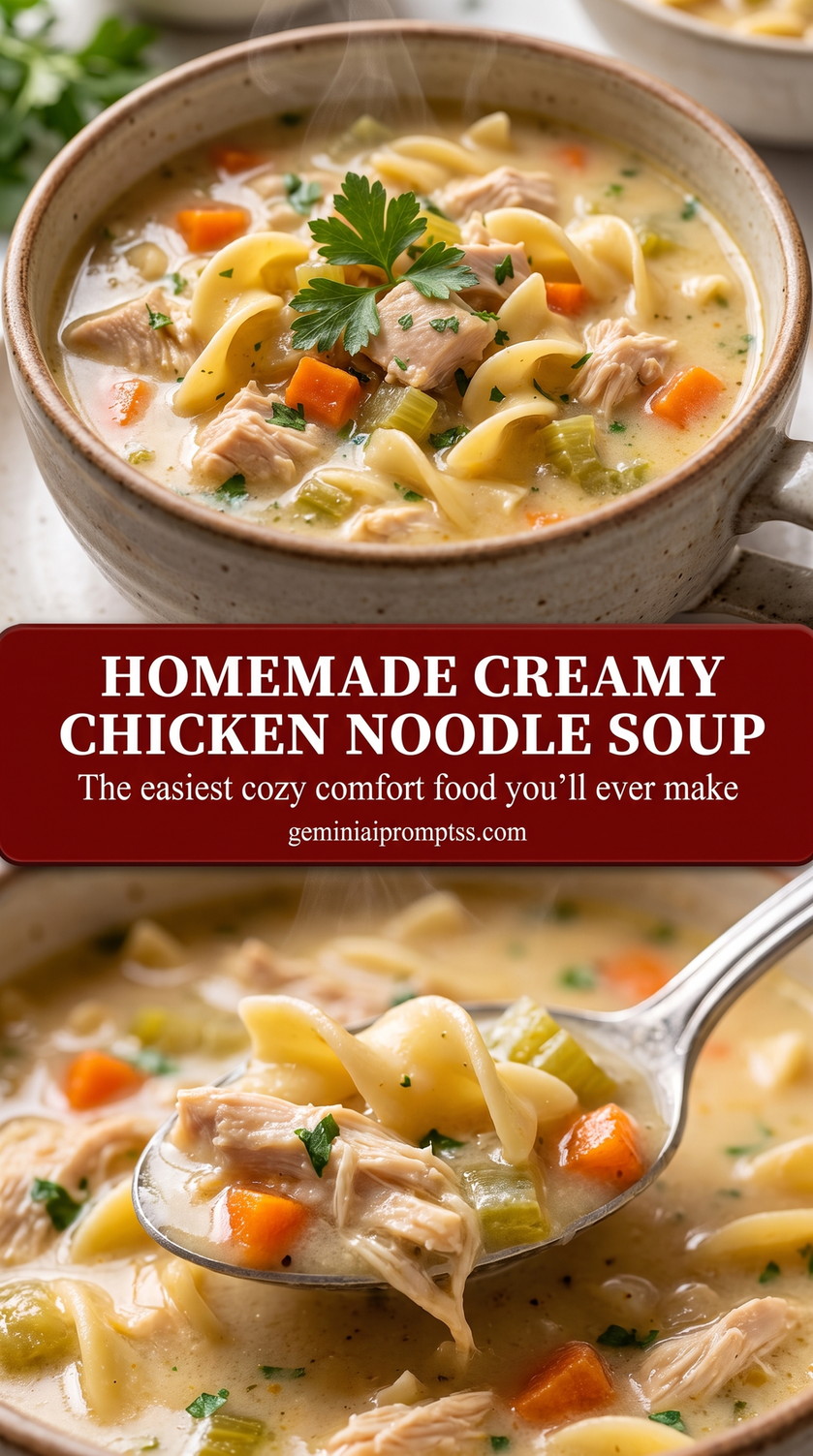 homemade creamy chicken noodle soup with peas with carrots, celery, egg noodles, and a gentle cream finish