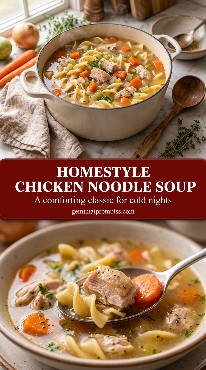 Homestyle Chicken Noodle Soup with Thyme finished dish with homestyle chicken noodle soup with thyme