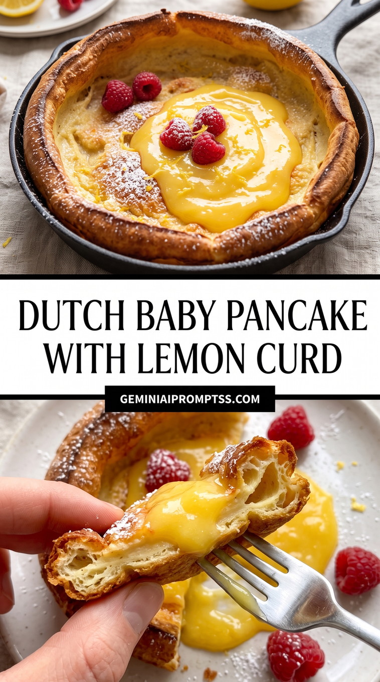 Dutch Baby Pancake With Lemon Curd showing puffed Dutch baby with a generous pool of thick yellow lemon curd and raspberries