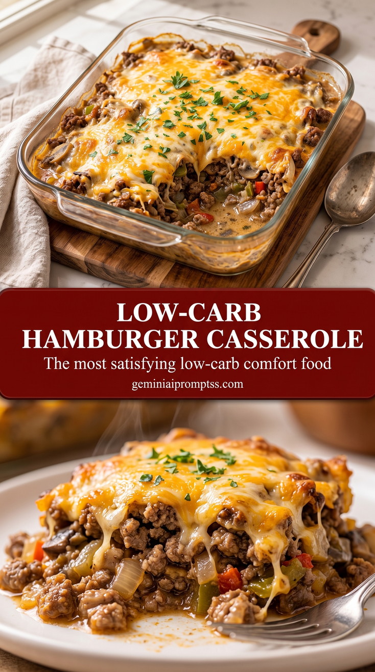 low-carb hamburger casserole with a low-carb ground beef casserole with peppers, onion, melted cheese, and green herbs