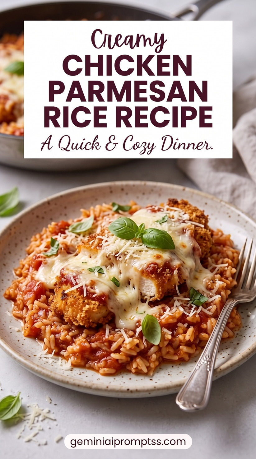 Chicken Parmesan Rice Recipe with golden chicken cutlets with a red tomato sauce, melted cheese, Parmesan, and a fresh green herb garnish