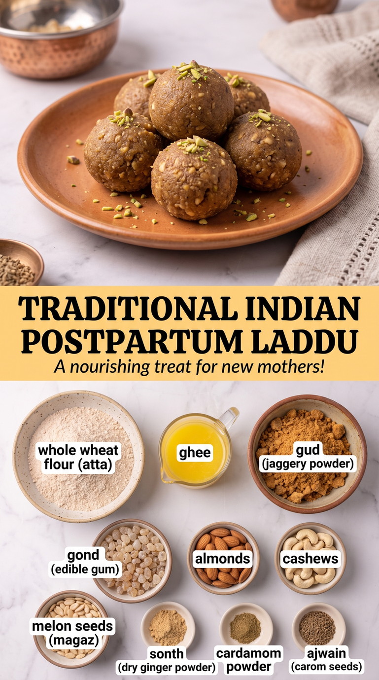 Indian Postpartum Recipes showing round Indian postpartum laddoo made with whole-wheat flour, ghee, nuts, seeds and warm spices
