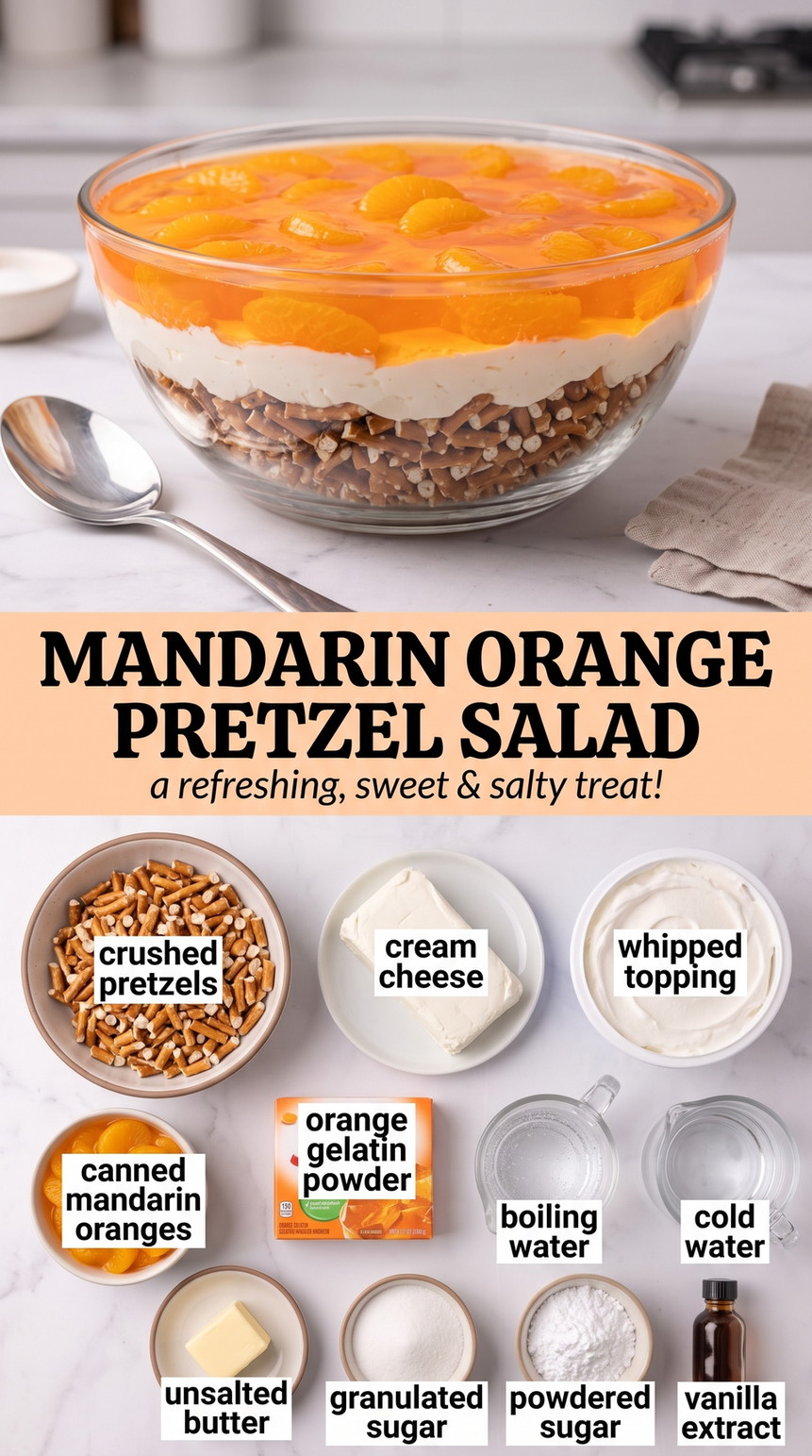 Mandarin Orange Pretzel Salad with mandarin-orange pretzel salad with a salty crust, cream-cheese center, and bright orange gelatin layer