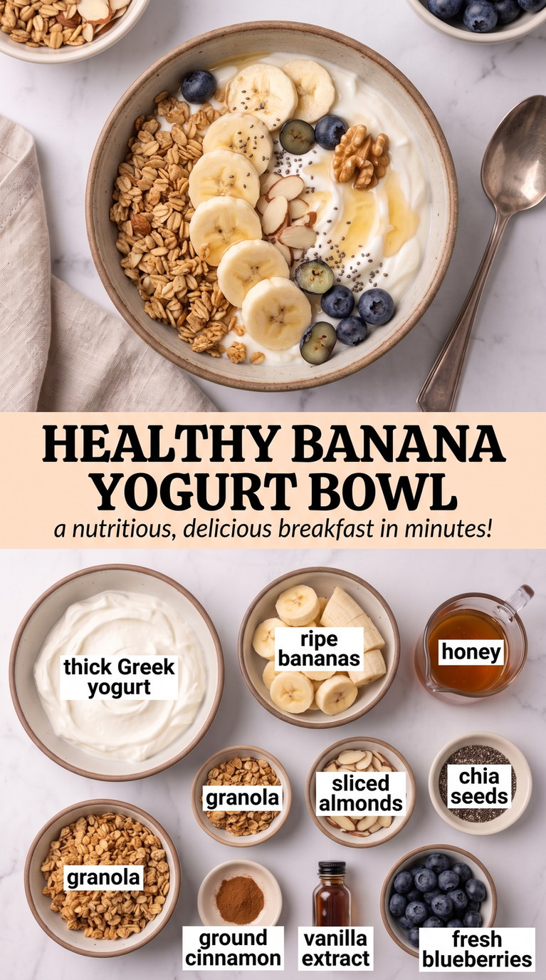 Banana Yogurt Bowl showing Greek yogurt with banana, blueberries, granola, almonds, chia, honey, and cinnamon