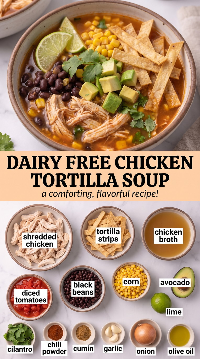 Dairy free chicken tortilla soup showing a tomato-based chicken soup with corn, beans, avocado, and crisp tortilla strips