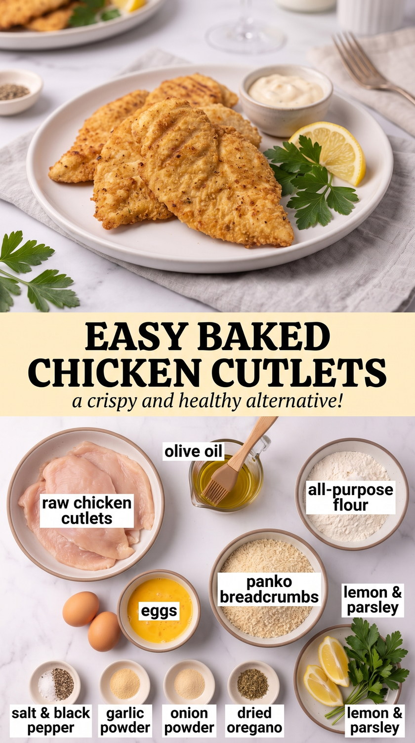 Easy Baked Chicken Cutlets with Yogurt-Herb Crust prepared as a finished easy baked chicken cutlet recipe recipe with browned cutlets ready to serve
