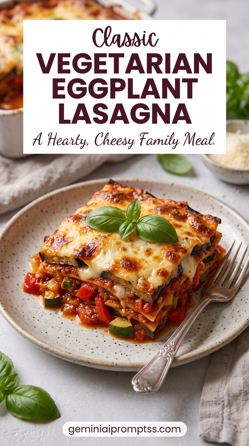 Vegetarian Eggplant-Zucchini Lasagna showing vegetarian lasagna layers of eggplant, zucchini, tomato, browned cheese, and basil