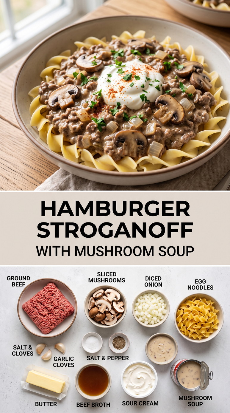 Hamburger Stroganoff with Mushroom Soup with hamburger stroganoff with mushrooms, egg noodles, sour cream, and mushroom soup