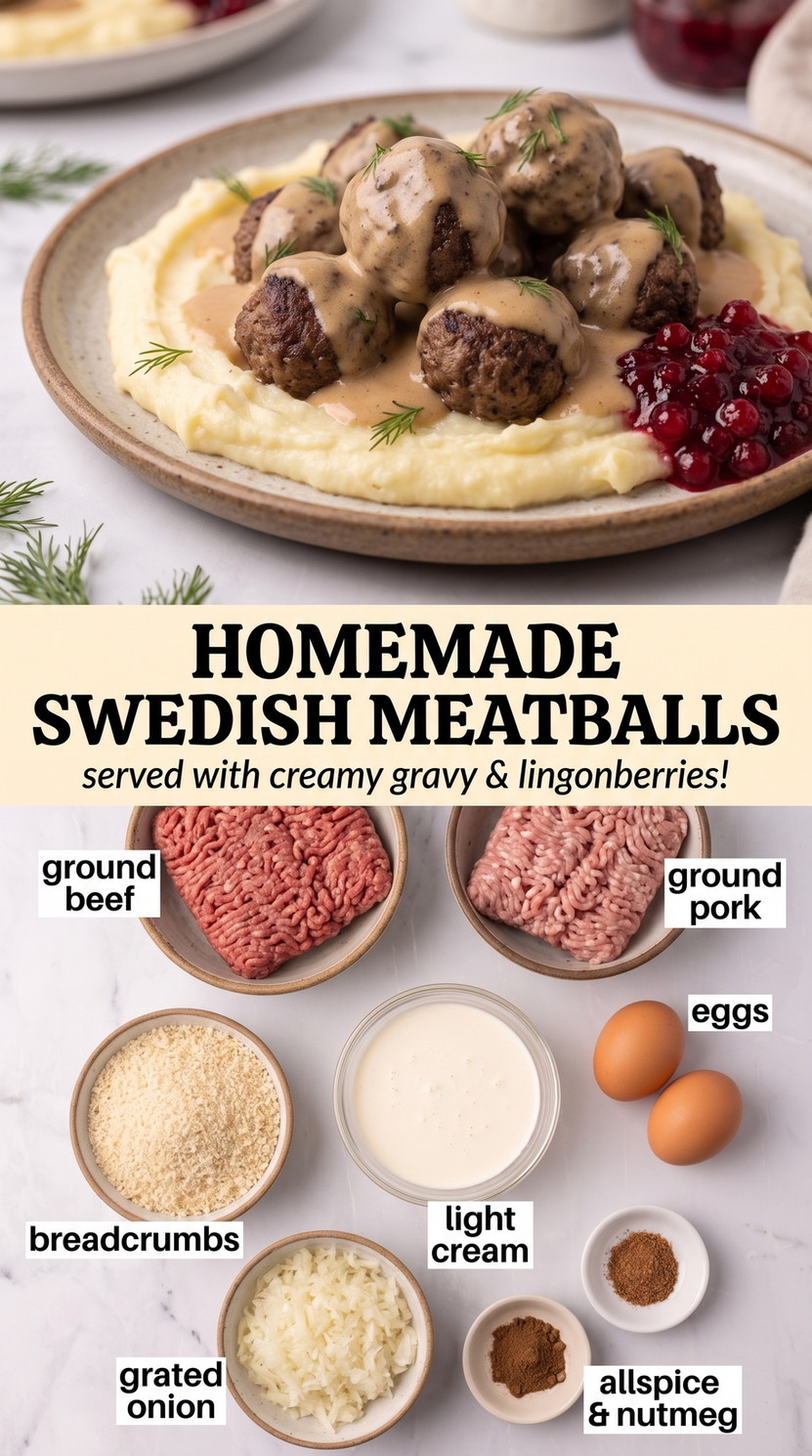 Homemade Swedish meatballs finished dish made with ground beef, ground pork, and eggs