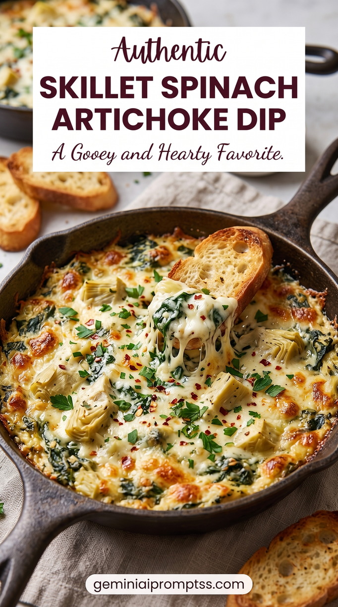 Skillet spinach artichoke dip showing a gooey cast-iron dip with browned cheese, artichoke chunks, spinach, parsley, and chili flakes