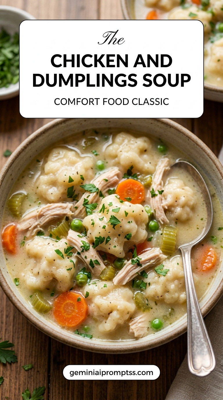 Chicken and Dumplings Soup showing a soupier chicken-and-dumpling bowl with carrots, peas, celery, shredded chicken, and small herb dumplings