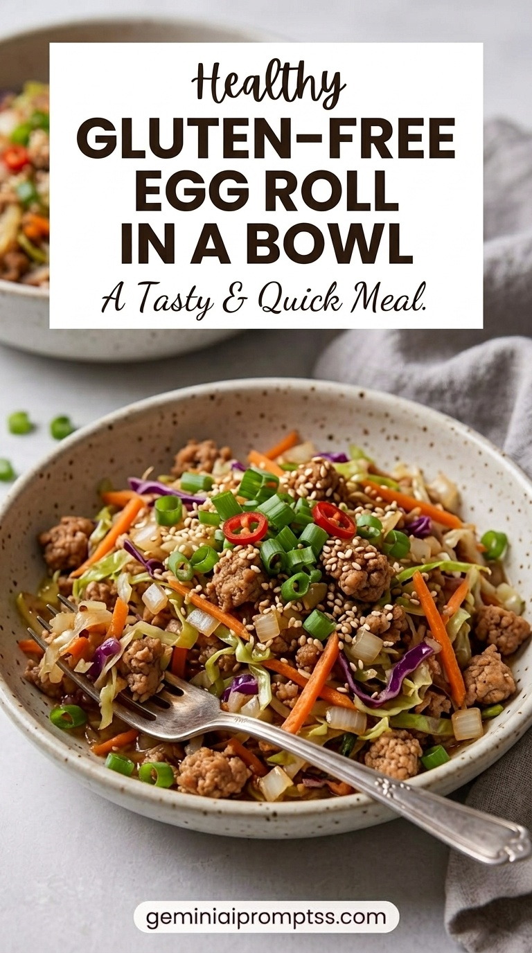 Gluten-free Egg Roll in a Bowl showing lean ground turkey with cabbage, carrots, onion, ginger, garlic, scallions, sesame, and savory sauce