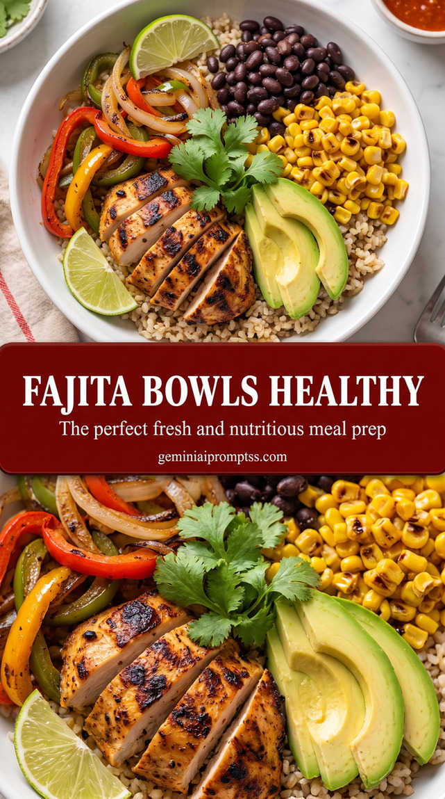 healthy chicken fajita bowls with black beans and avocado with seared chicken, peppers, beans, rice, avocado, and lime