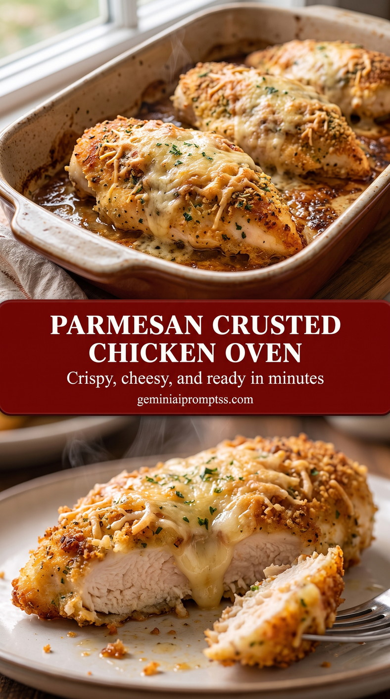 Parmesan crusted chicken oven showing golden Parmesan-crusted chicken with a crisp browned coating