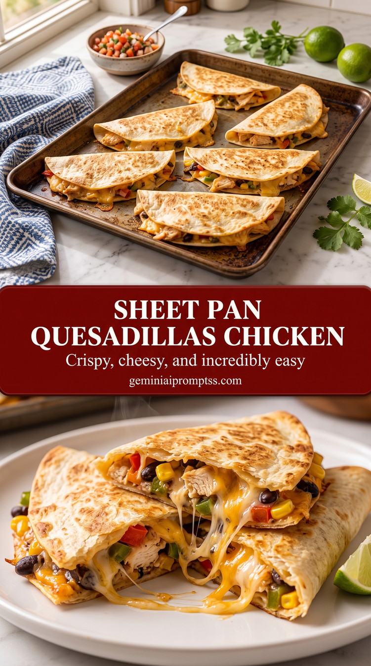 Sheet Pan Quesadillas Chicken with golden folded tortillas filled with chicken, melted cheese, and colorful savory filling
