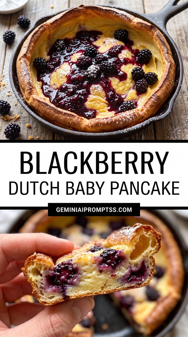 Blackberry Dutch Baby Pancake showing Dutch baby with dark purple blackberry sauce, whole blackberries and crisp browned edges