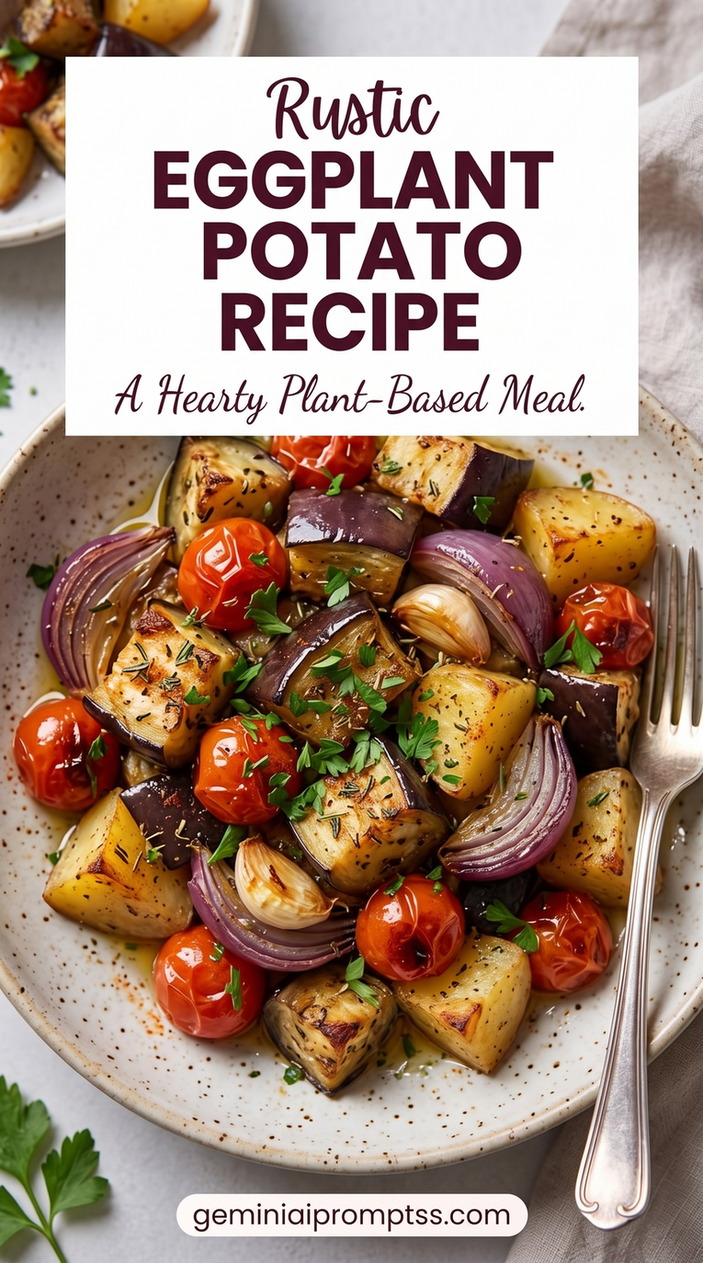 Rustic Eggplant Potato Roast showing roasted eggplant, potato, red onion, cherry tomatoes, garlic, and parsley