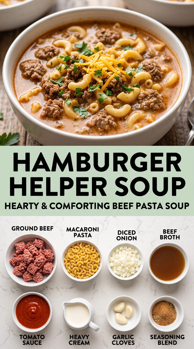 Hamburger Helper Soup with creamy beef and macaroni soup with tomato, garlic, onion, and broth