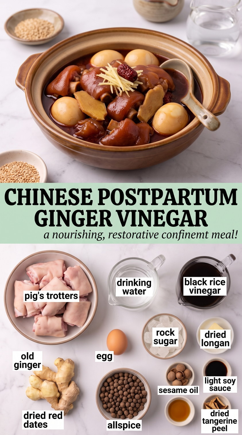 Chinese Postpartum Recipes showing Chinese-style ginger vinegar pork trotter stew with eggs and dates