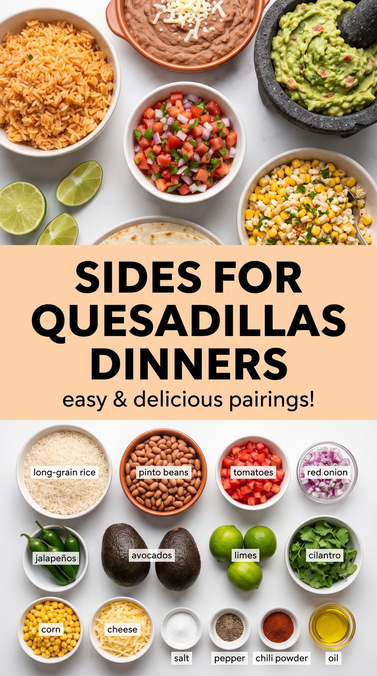 Sides For Quesadillas Dinners - colorful rice, beans, corn, tomato, lime, and avocado served beside quesadillas