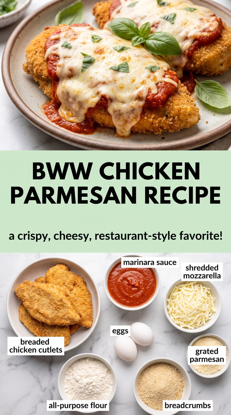 Bww chicken parmesan recipe showing golden breaded chicken topped with marinara, melted cheese, and herbs